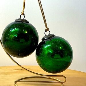Vtg Kugel Style Green Crackle Glass Christmas 2 Large Ornaments Brass Cap Heavy